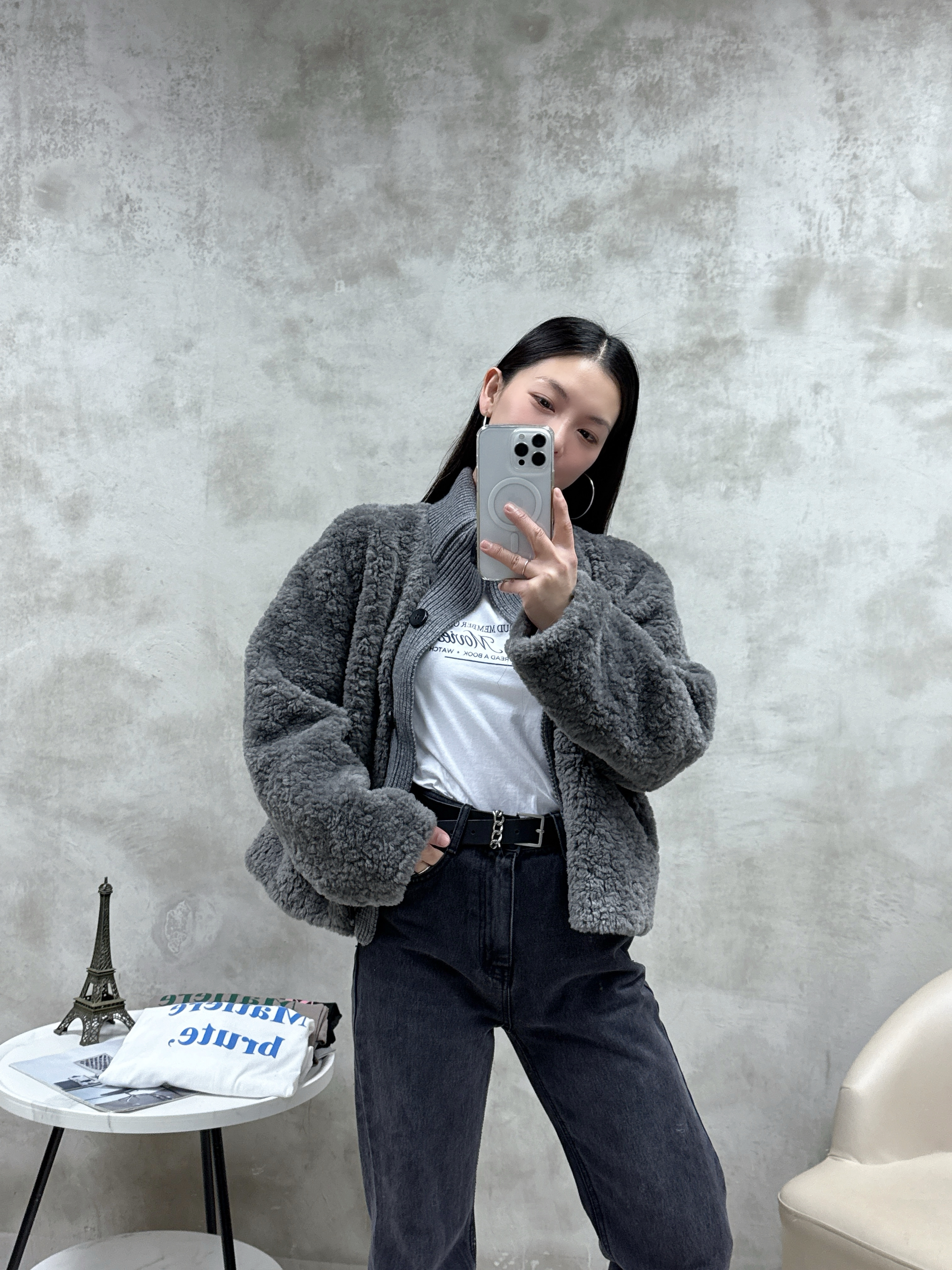 拼冷羊羔毛外套