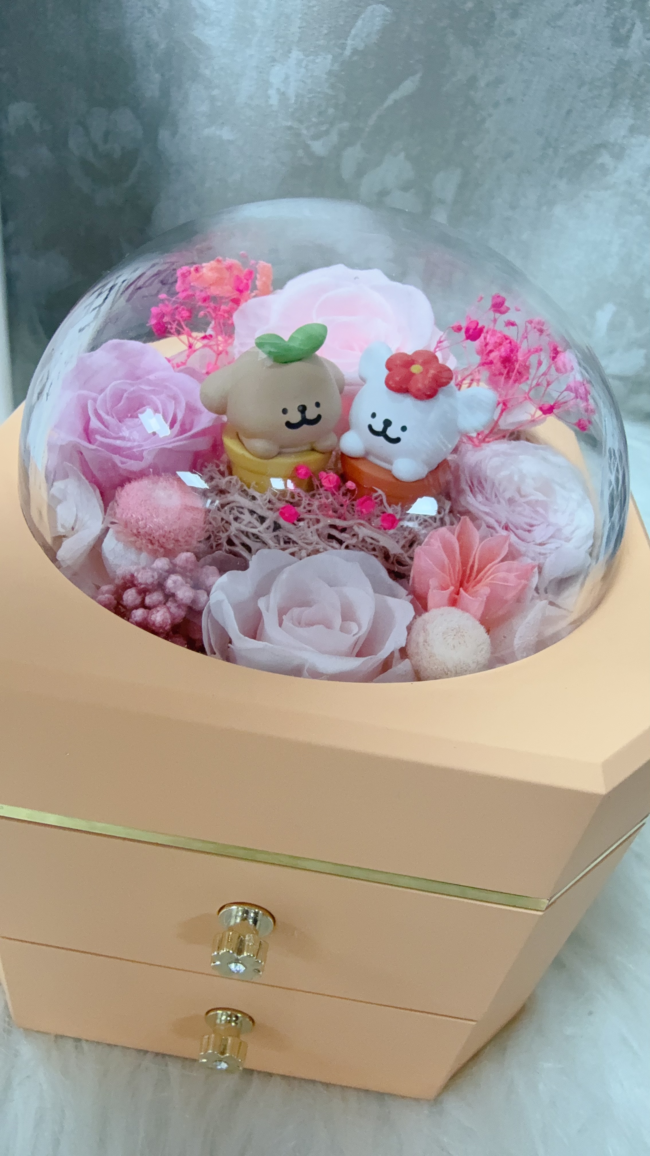 線條小狗粉紅玫瑰永生花飾物盒