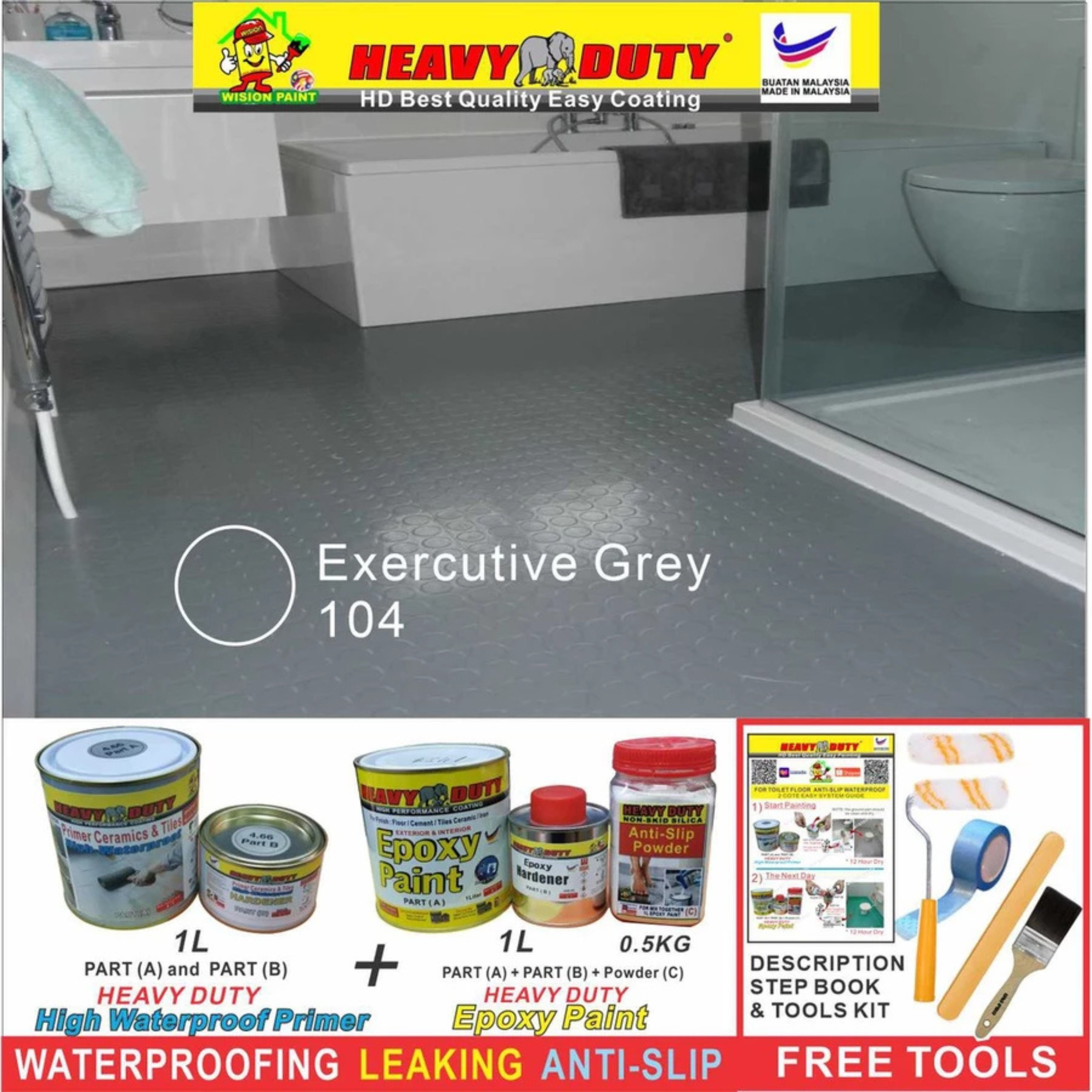 FULL SET (HEAVY DUTY BRAND) Floor Coating (Free Paint Tool Set) 1L Tile Primer + 1L Epoxy Colour + 0.5kg Non-skid Silic