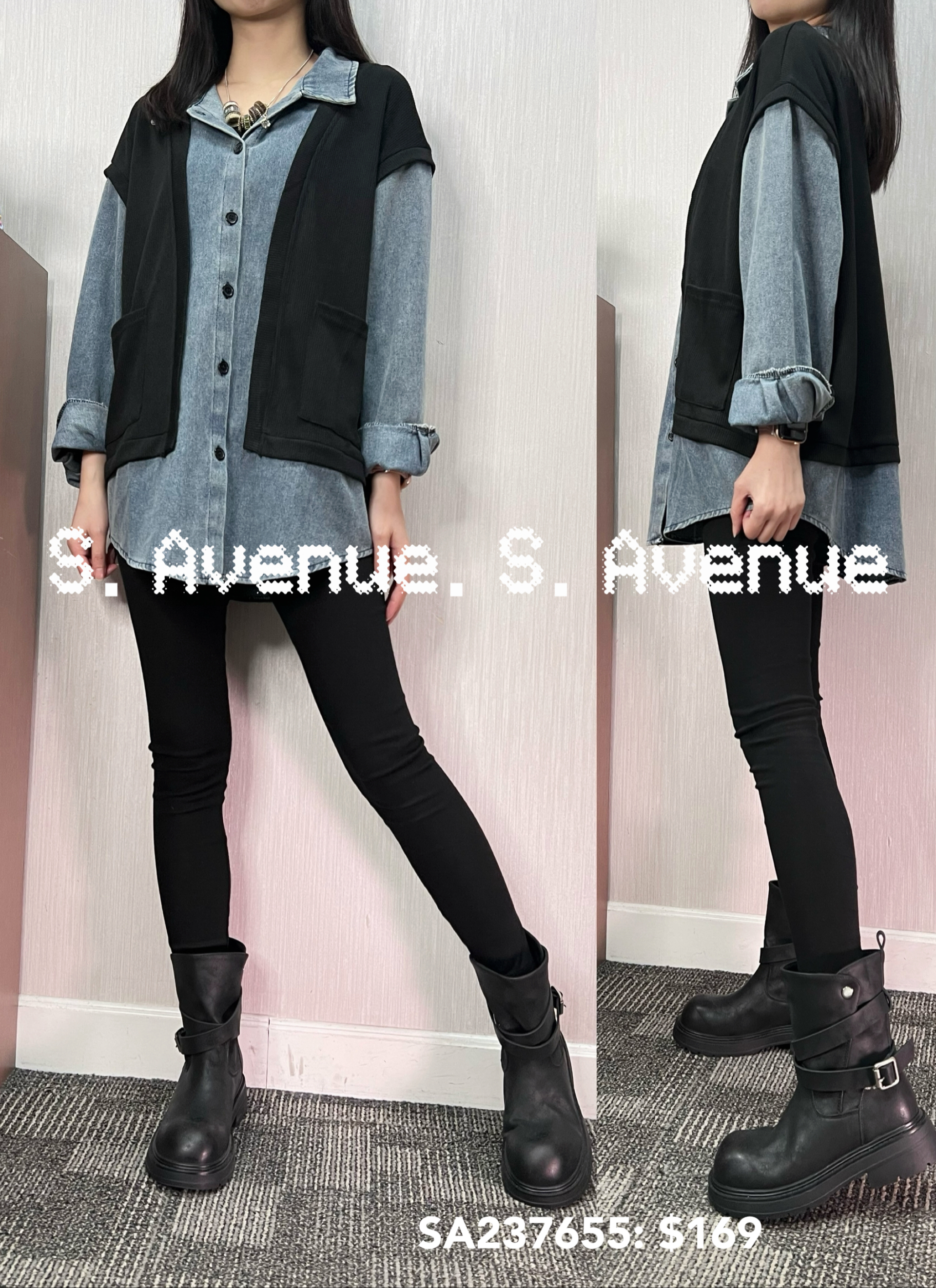 SA237655: 長袖假兩件牛仔shirt