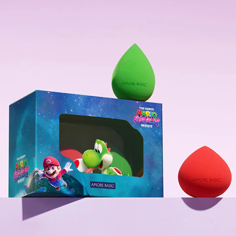 韓國限定 Amore X Super Mario 持久底妝 美妝蛋 2入 + 收納袋｜Power Lasting Make Up Sponge Set