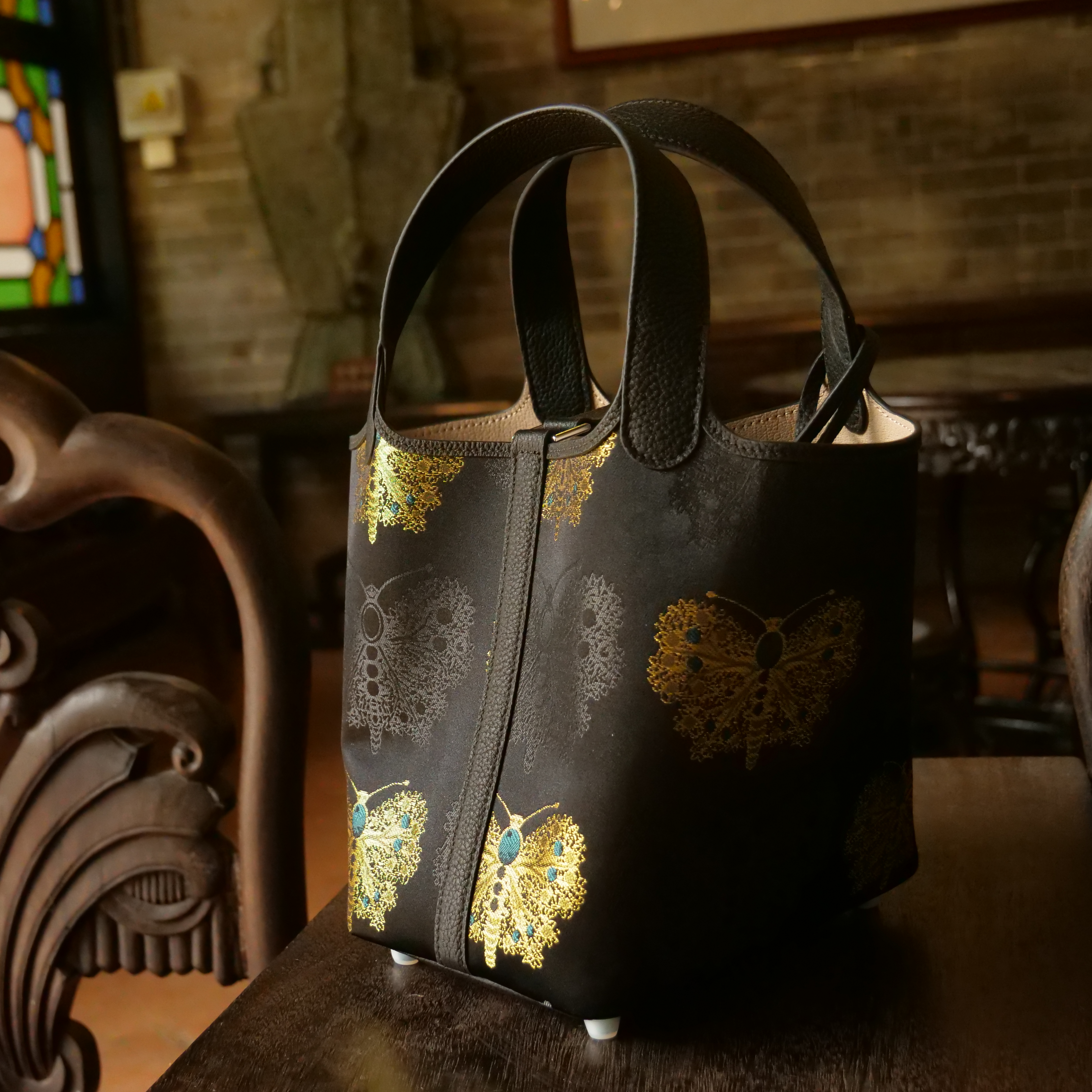 宋錦∞黑金蝴蝶牛皮水桶袋