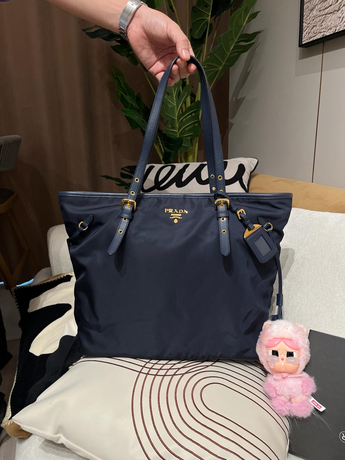Prada Nylon Shopping Tote Bag Navy 100%Authentic, 98%New ✅ certificate 