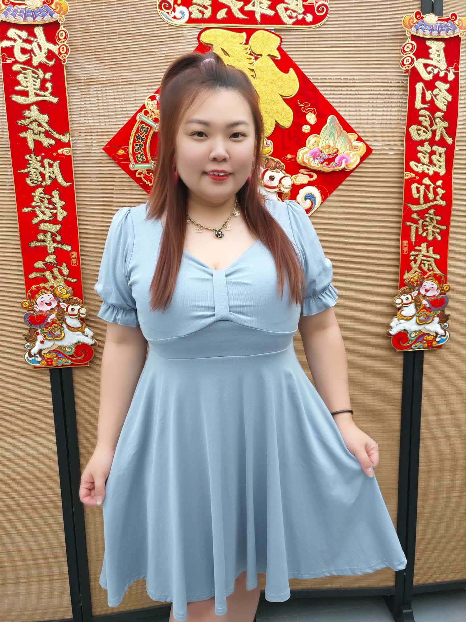 DDH04 8837(B4) 胸前皱褶设计附垫连衣裙