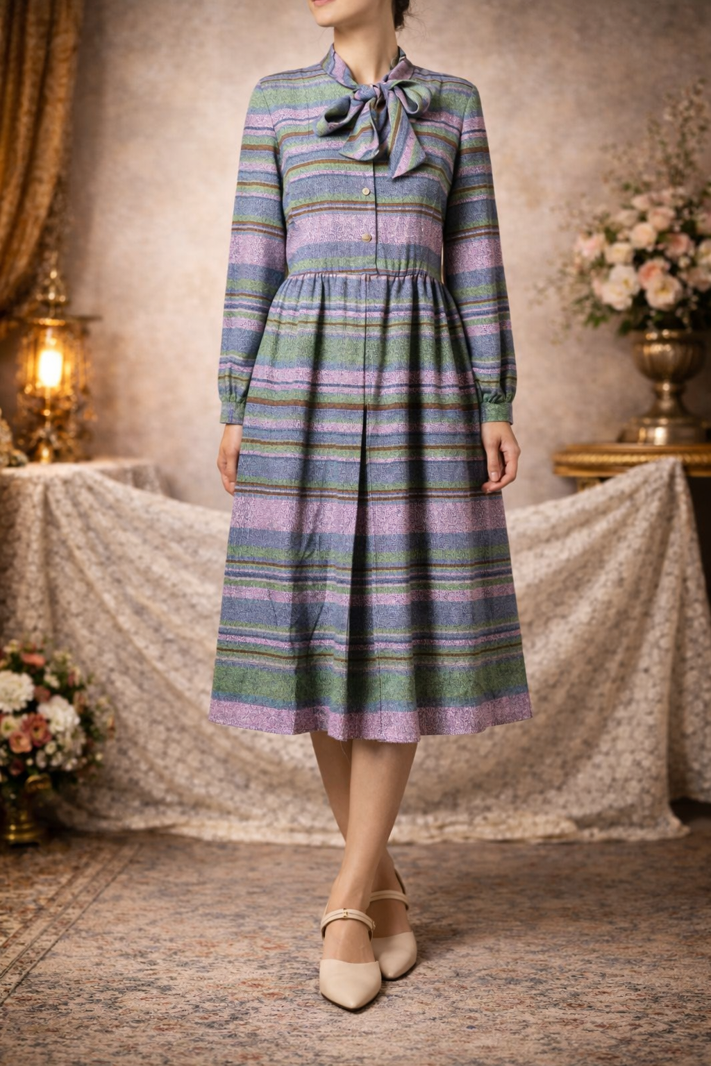 VIntage Japanese Candy-Stripe Tie Collar Box Pleat Day Dress (MT1608-108)