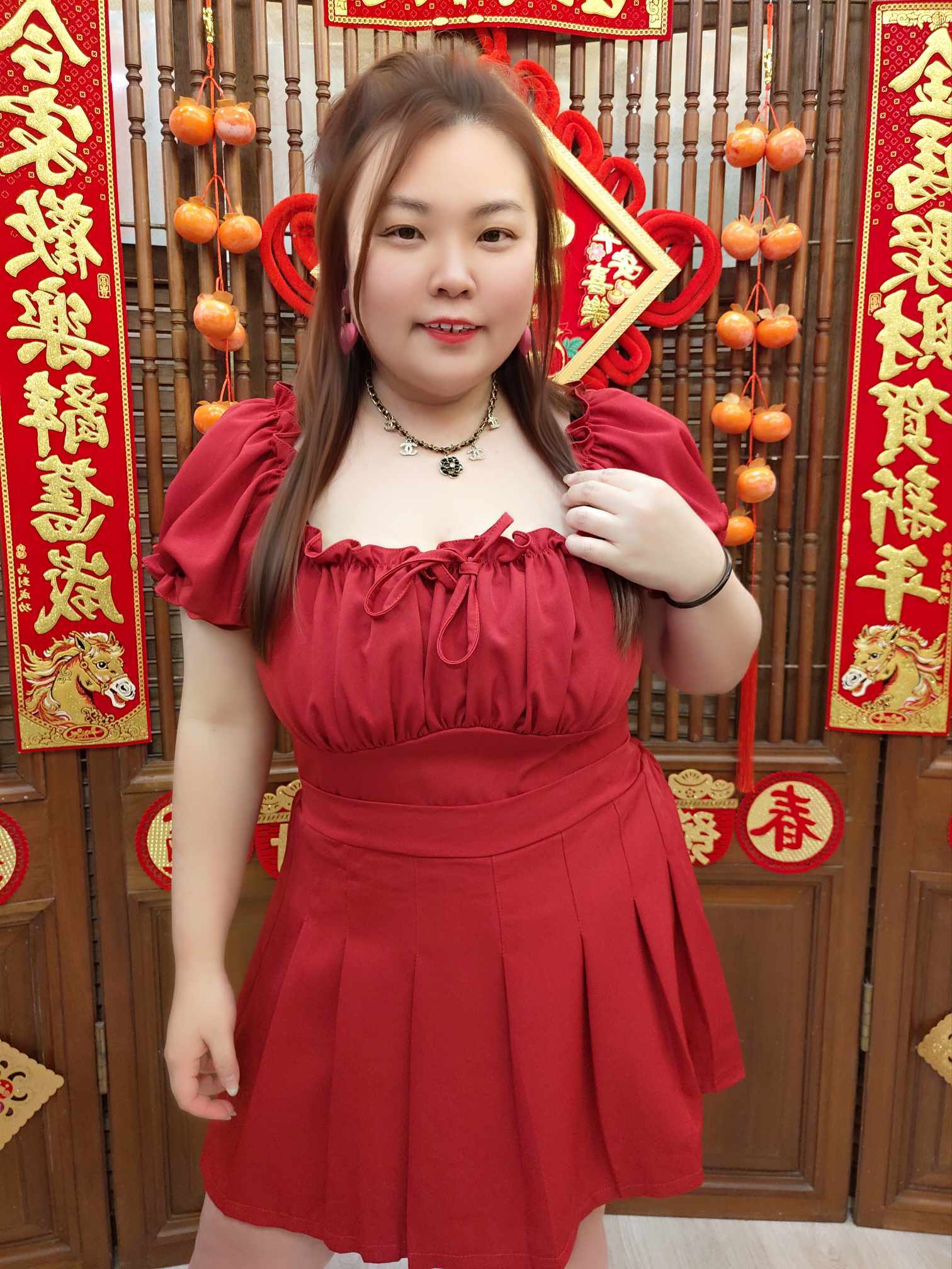 NJA01 TT908/TT908SK 甜辣大U领皱褶上衣裤裙套装