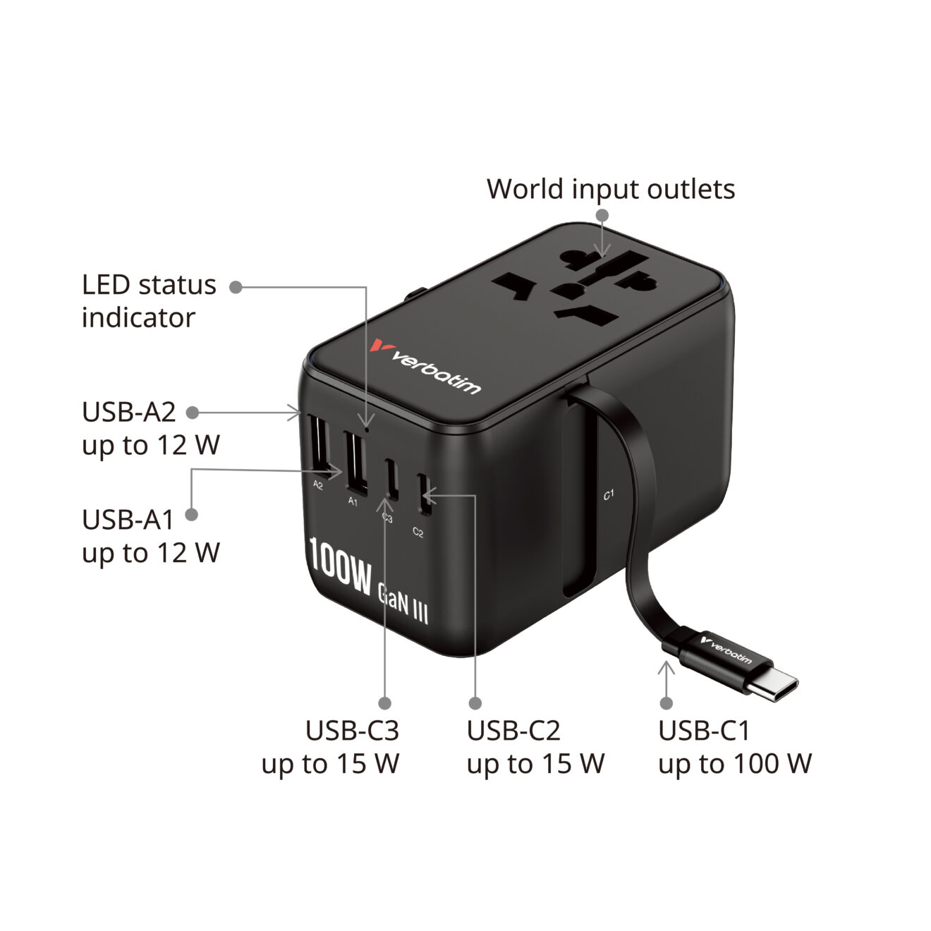 Verbatim(威寶) Charge 'n' Travel 100W 通用旅行轉插 (附USB-C可伸縮充電線) 30185