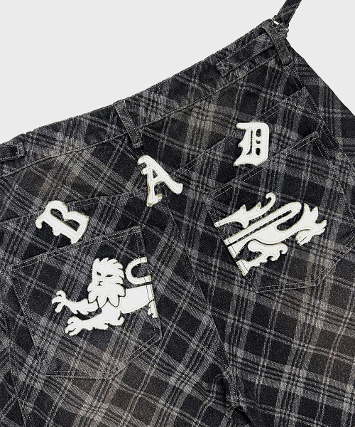 Lion Patch Washed Barrel Pants - Black Denim Check - 라이온 패치 워시드 배럴 팬츠 - 블랙데님체크