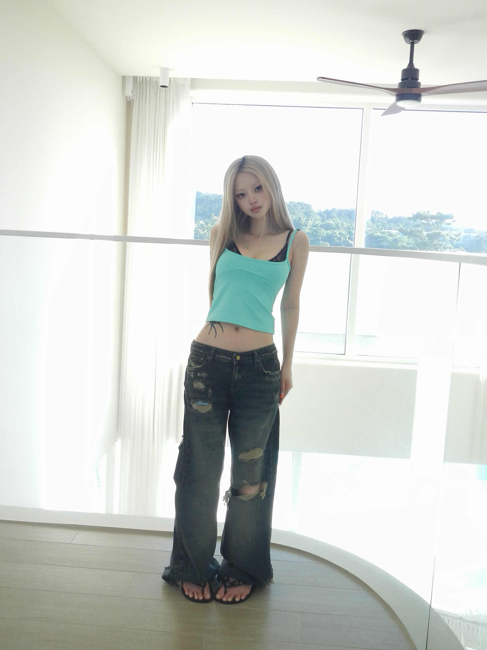 Washed Distressed Wide-Leg Denim