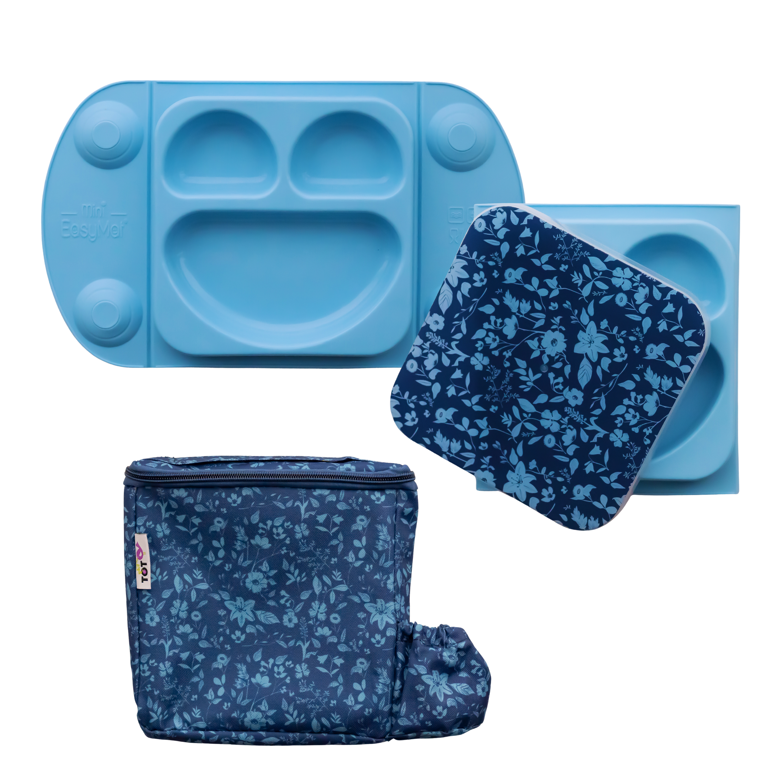 TIDY TOT Premium EasyMat Mini 矽膠吸盤式餐盤(附保溫袋) - 藍色花園【建議4個月或以上】