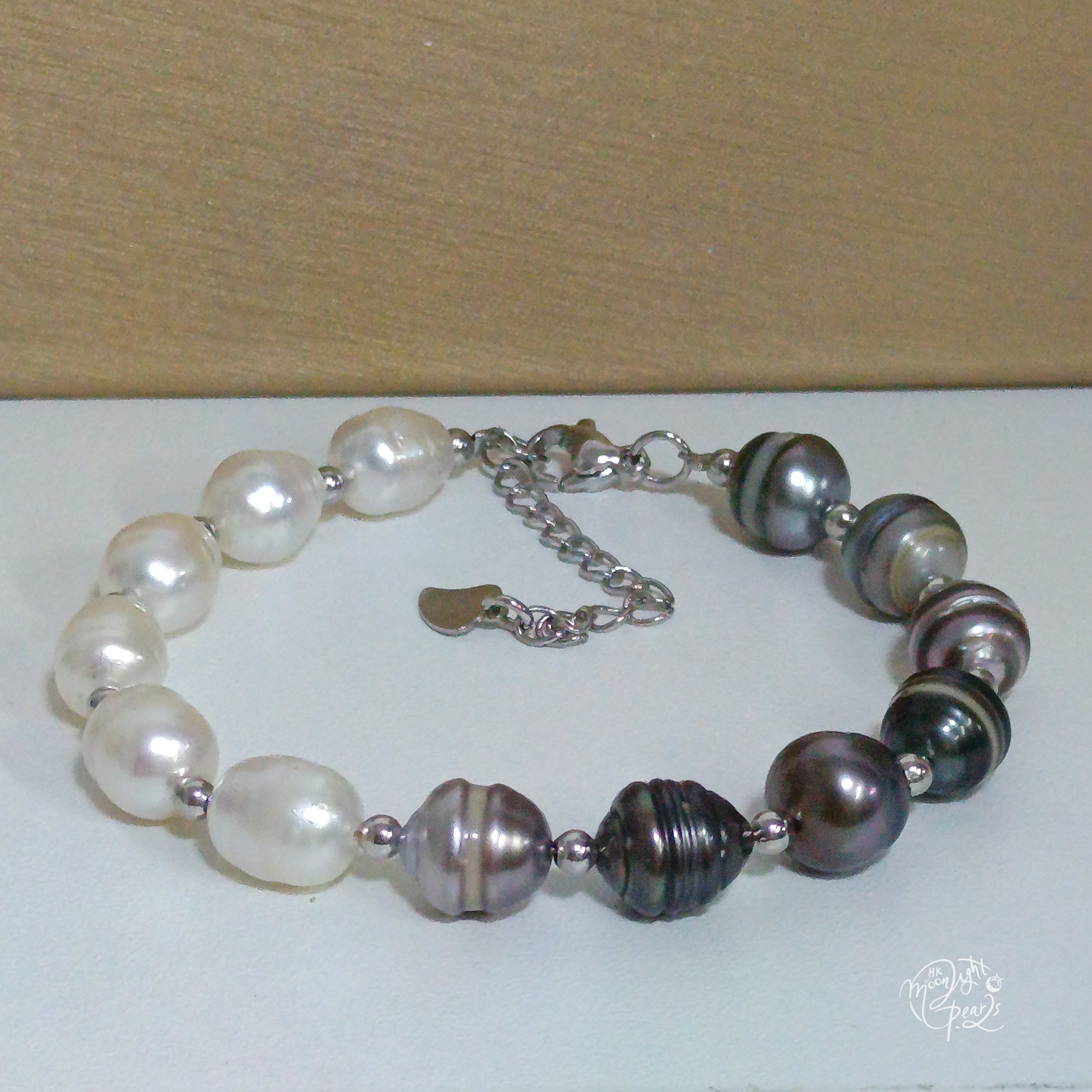 大溪地螺紋巴洛克海水珍珠+澳白巴洛克海水珍珠注白金尾鍊扣手鍊