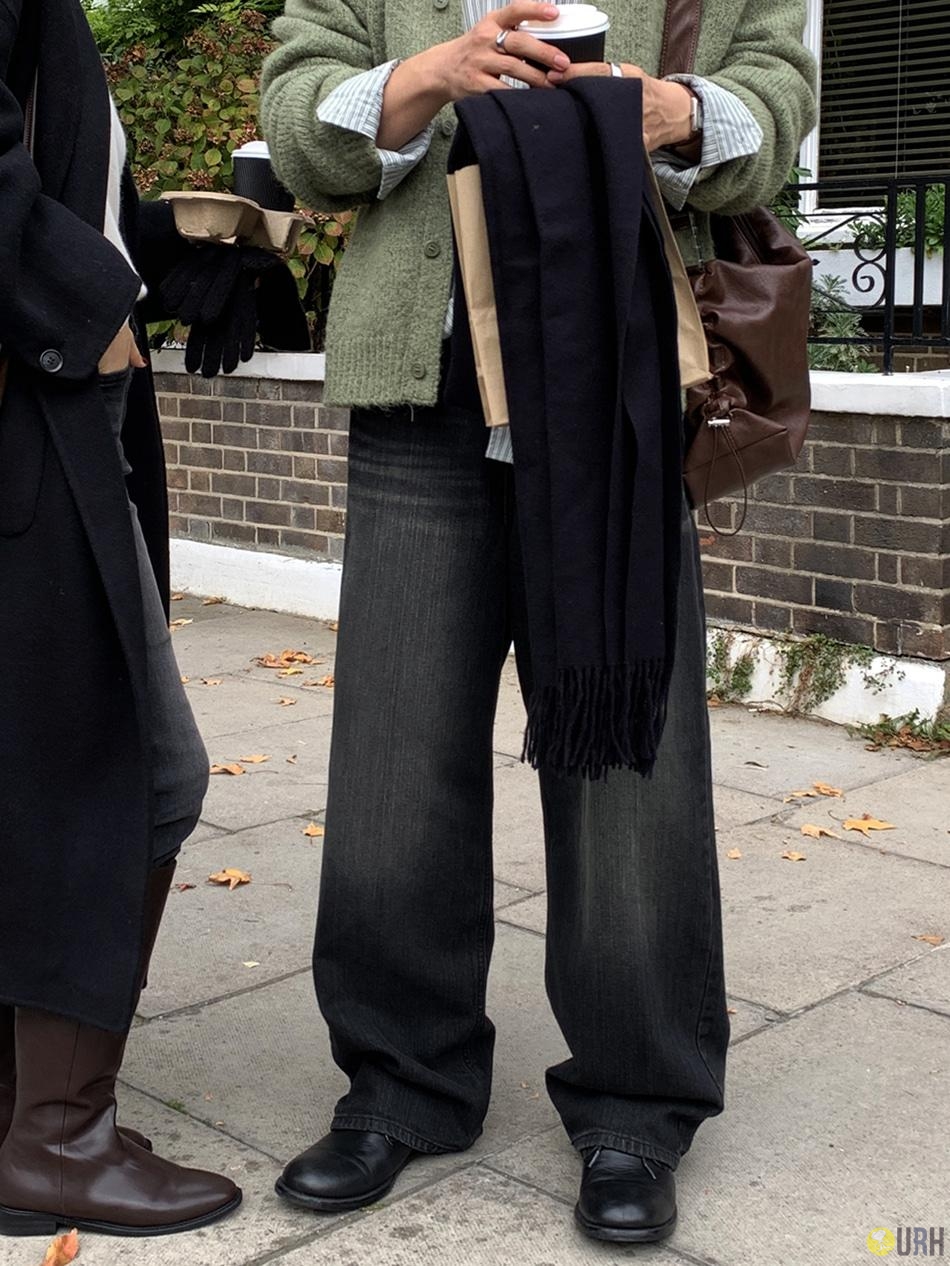 【100%保證韓國直送】復古墨綠洗水質感寬鬆牛仔長褲 Black Green Washing Denim Wide Pants RL114584