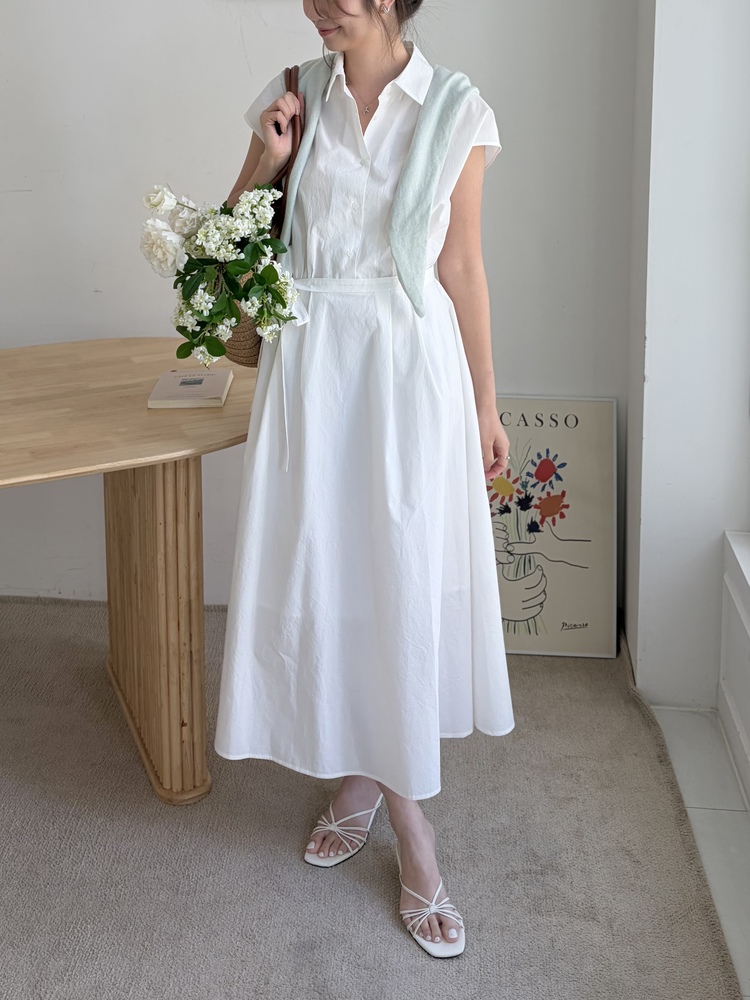 Elasticated Waist Shirt Dress (White)