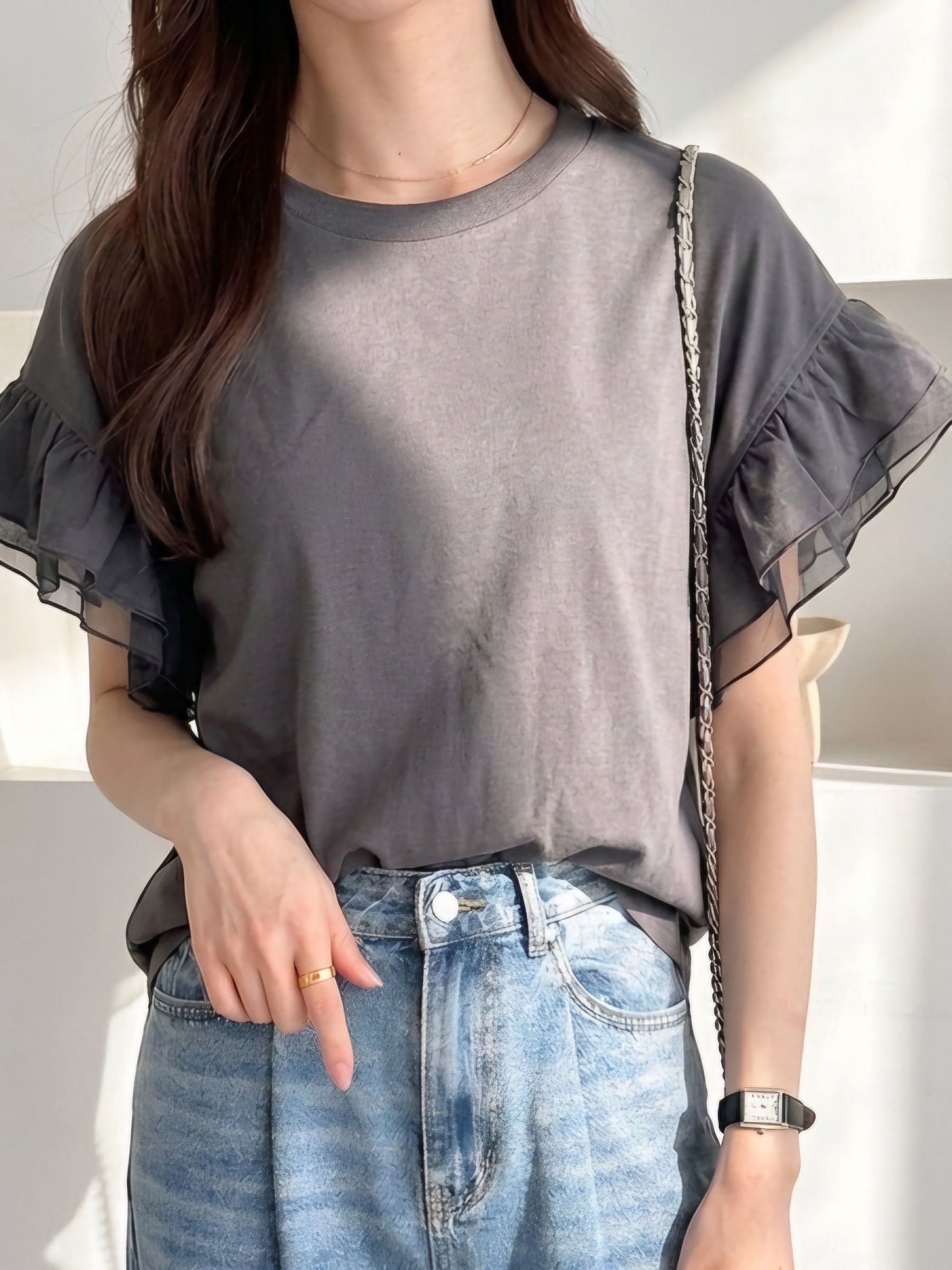 【✨️日本🇯🇵 pre-order 荷葉袖100%純棉Tee✨️】 【共4色 | M/L/XL | 深灰 / 米白 / 黑色 / 海軍藍】