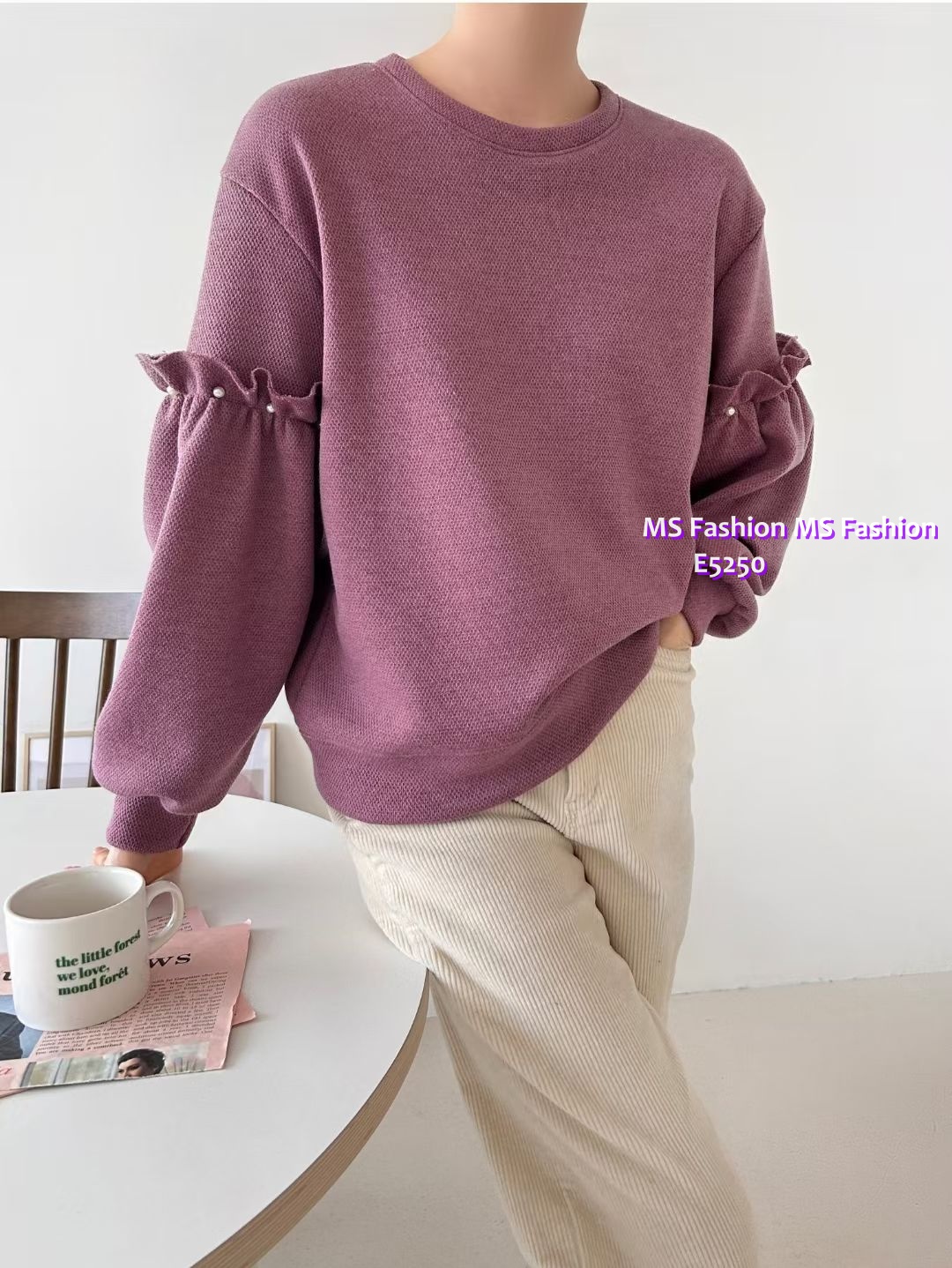 E5250 靚色ruffle袖珠珠top