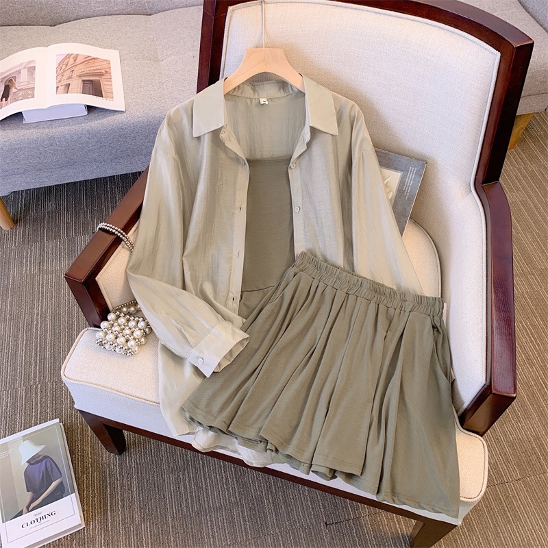 B304(12868) 韩系休闲风吊带内搭与薄款开衫与短裤3色三件套套装