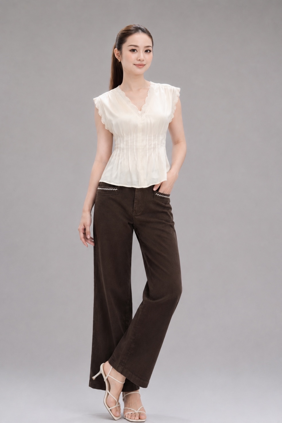 28034 Lace Trim Pleated V-Neck Blouse