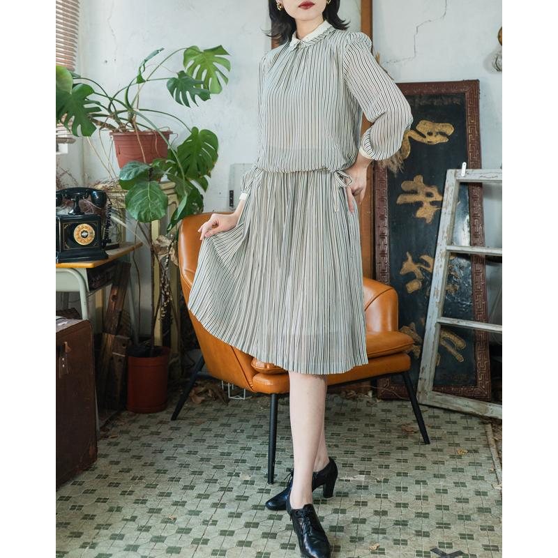 Vintage Japanese Double Collar Striped Pattern Faux Twin Set Day Dress (MT1608-154)