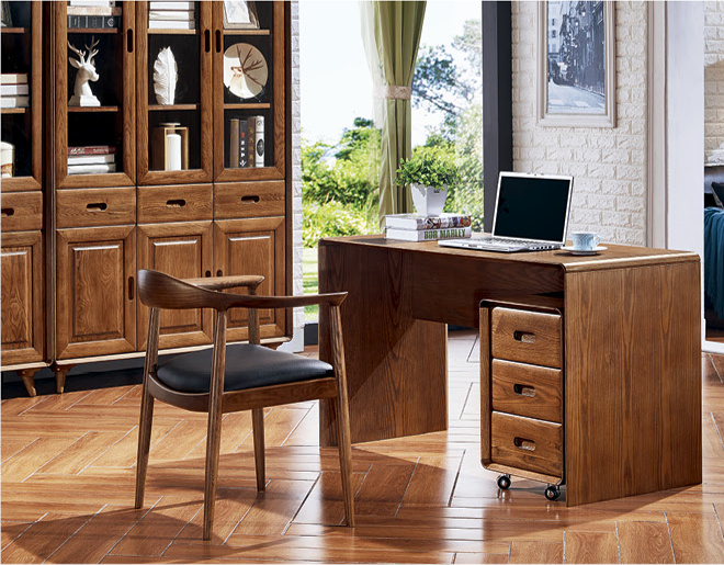 實木書枱連三層式抽屜櫃