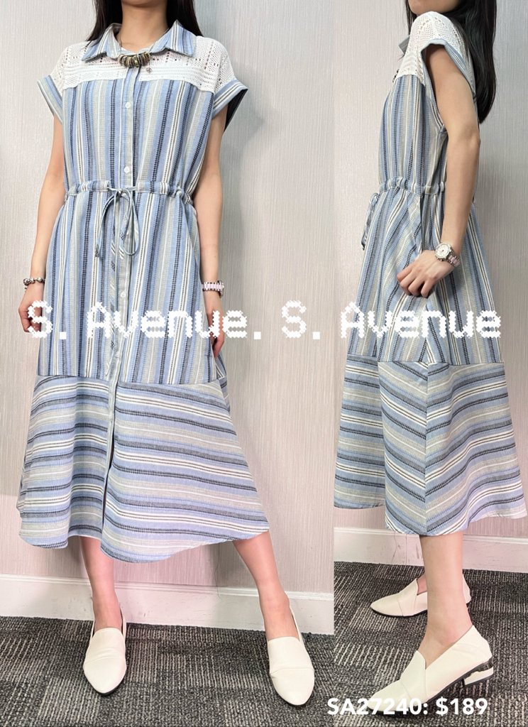 SA27240: 短袖領勾花直條有鈕束腰op