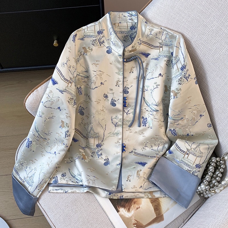 B291(0218外套) 新中式气质立领单流苏盘扣兰亭序重工织金蓝外套上衣