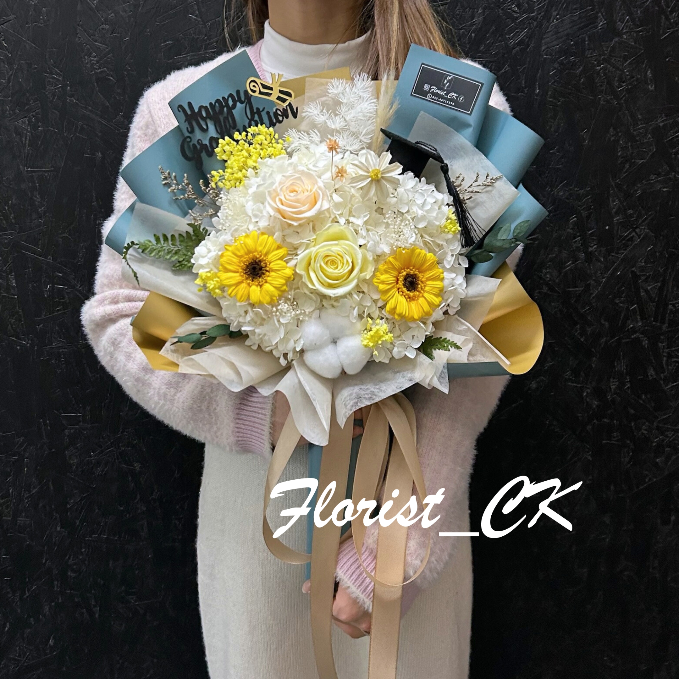 Creamy 藍金花紙｜畢業之選｜永生玫瑰太陽花花束 (預訂款)