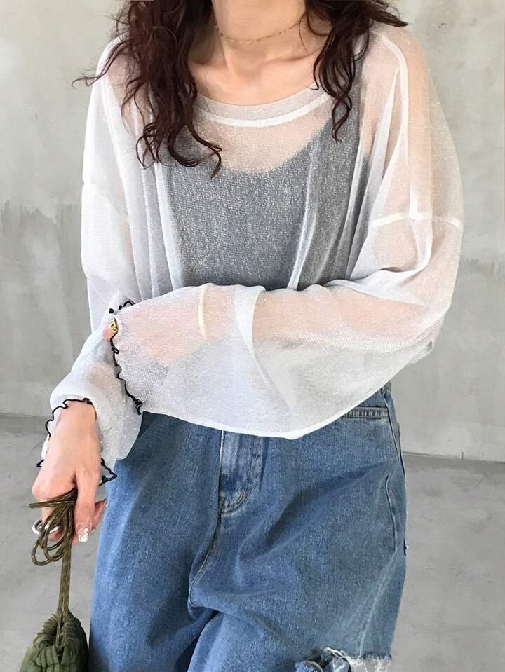 （多色）閃亮透視長袖上衣