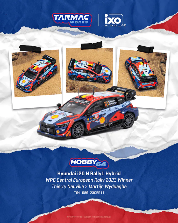 預訂 Tarmac Works 1/64 ( T64-089-23CER11 ) Hyundai i20 N Rally1 Hybrid WRC Central European Rally 2023 Winner Thierry Neuville｜ 預訂優惠價 Pre-Order Price: HK$145
