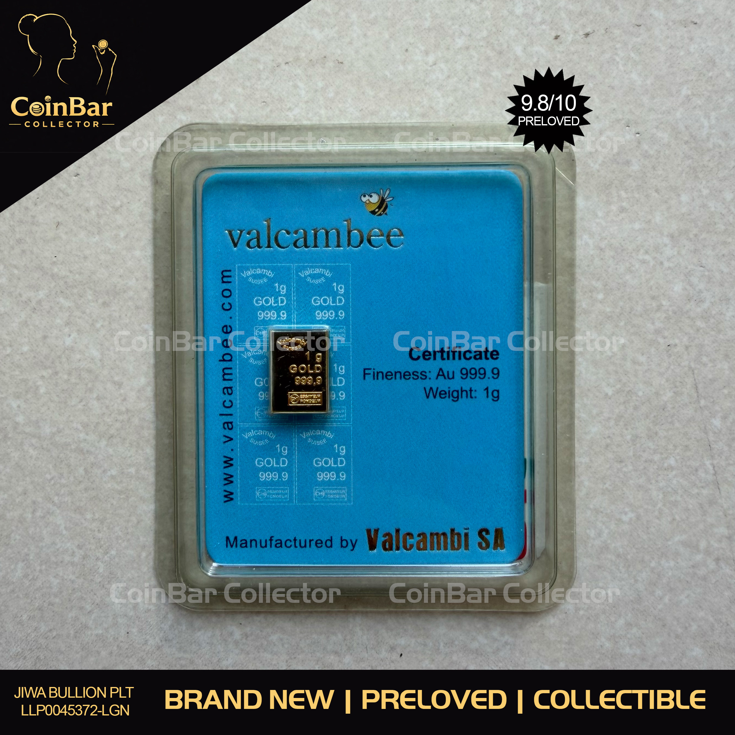 (SN1328) VALCAMBI Valcambee 1g 🇨🇭Swiss Fine Gold Bar 999.9 蓝色蜜蜂