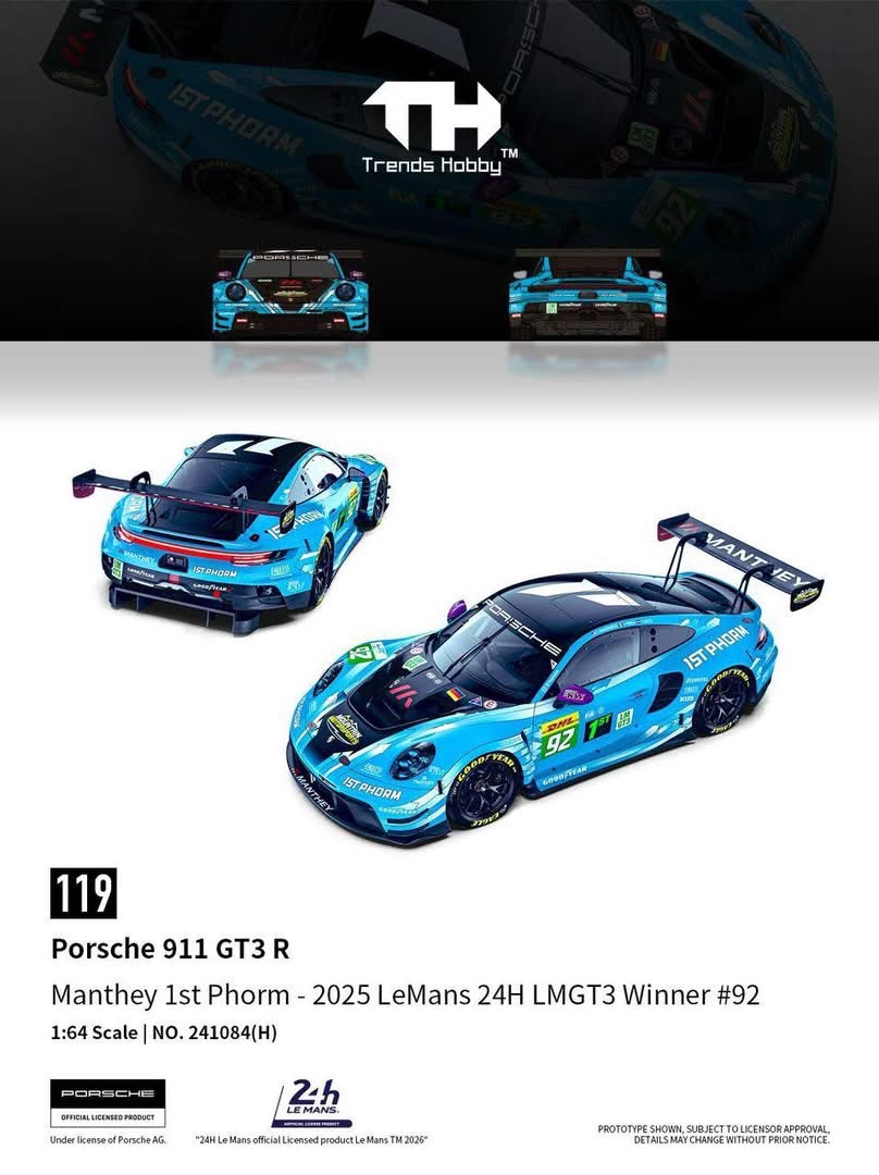 （預訂 Pre Order) Trends Hobby (241084(H)) 1/64 Porsche 911 GT3 R LeMan 24H 2025 #92