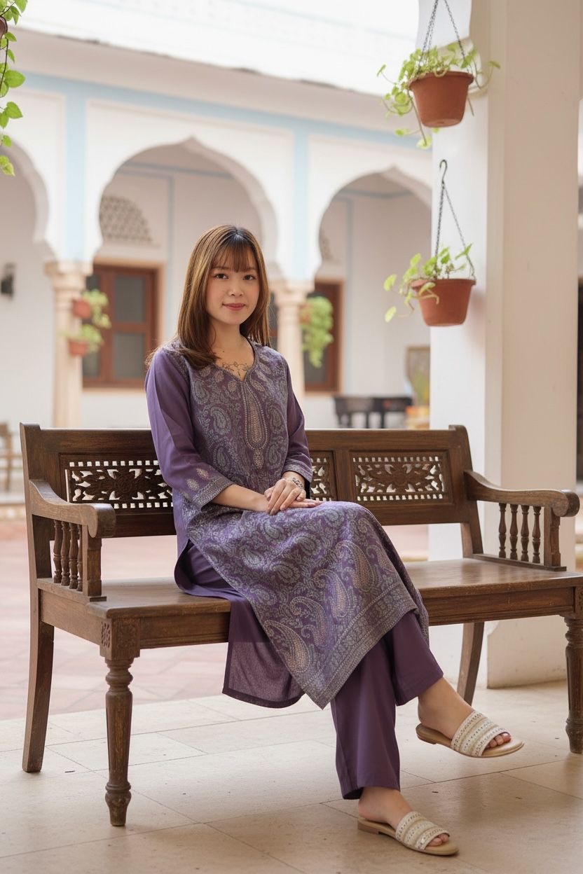 Dark Purple Paisley Set of 2 Kurta + Pants #1003