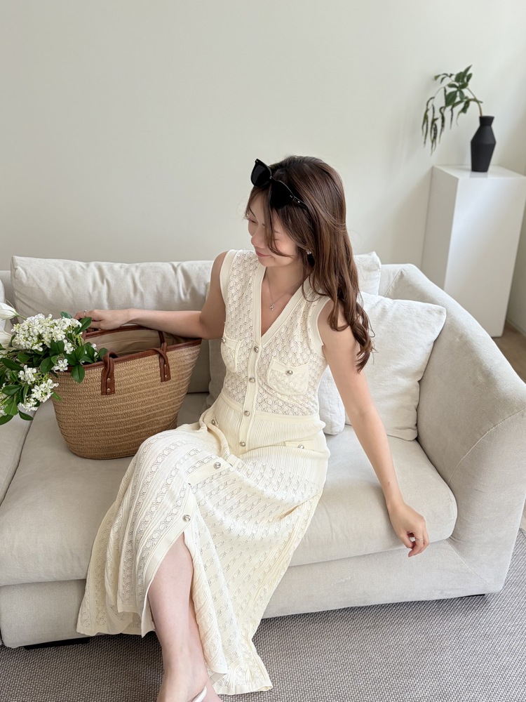 Buttoned Crochet Knit Dress (Ivory)