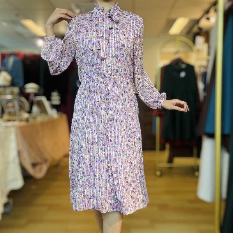 Vintage Purple Floral Pattern Tie Collar Pleated Chiffon Day Dress (MT2260-10)