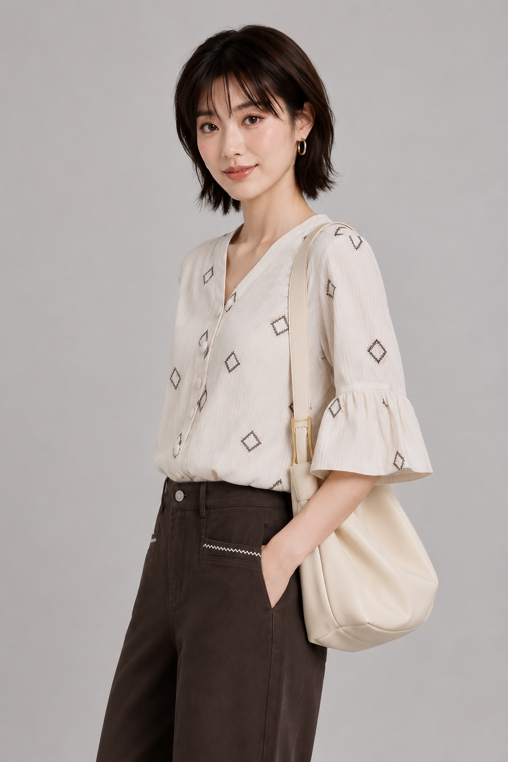210576 Harper Diamond Print Flutter Sleeve Blouse