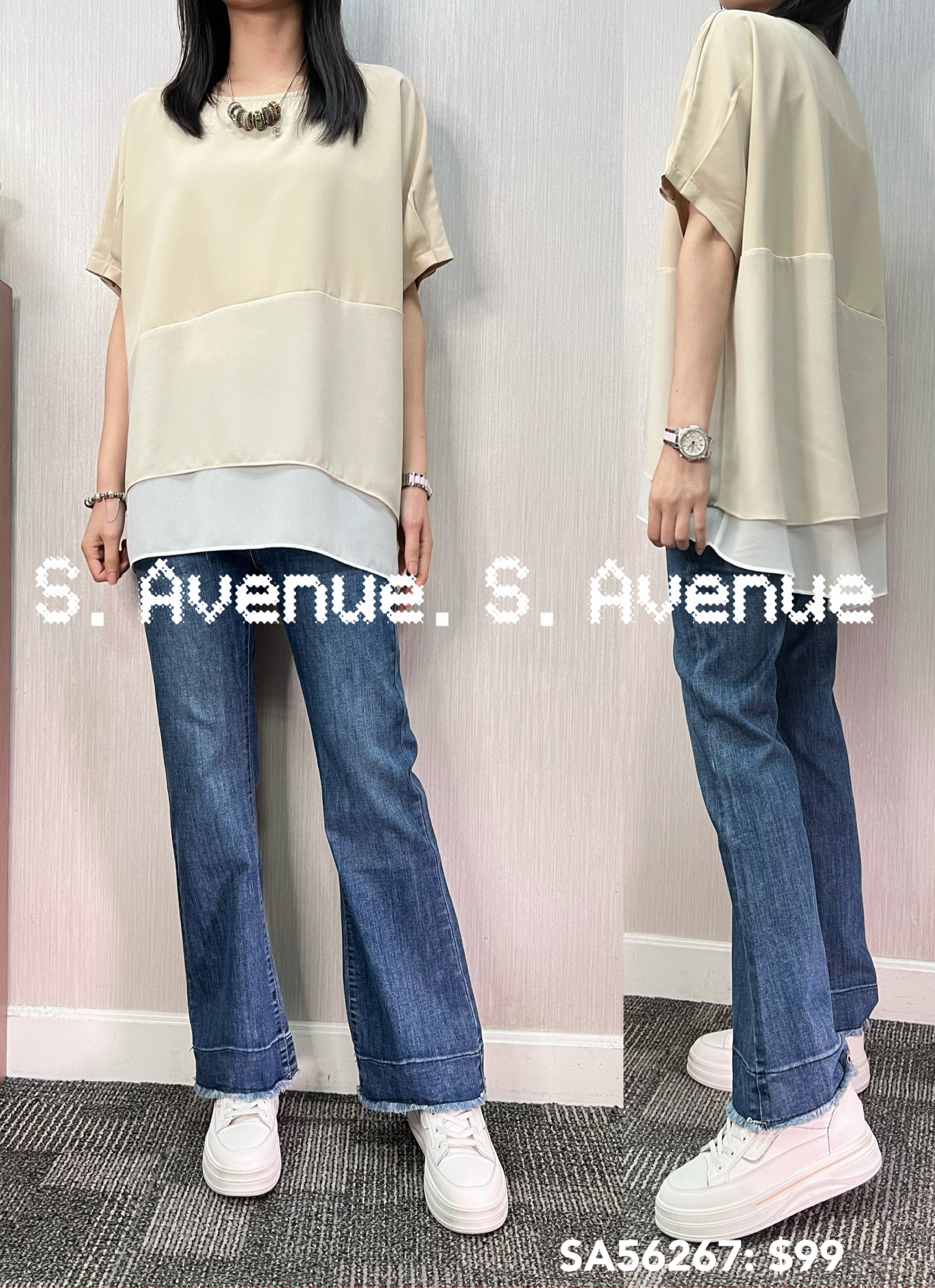 SA56267: 短袖袖有撍拼布兩層雪紡top