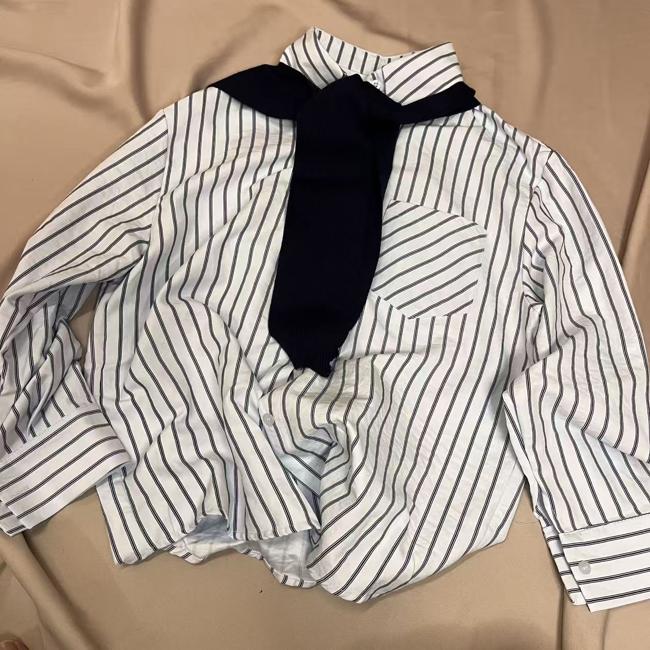 CC2006#82531 [Striped Shawl Shirt] Elegant & Versatile Everyday Wear