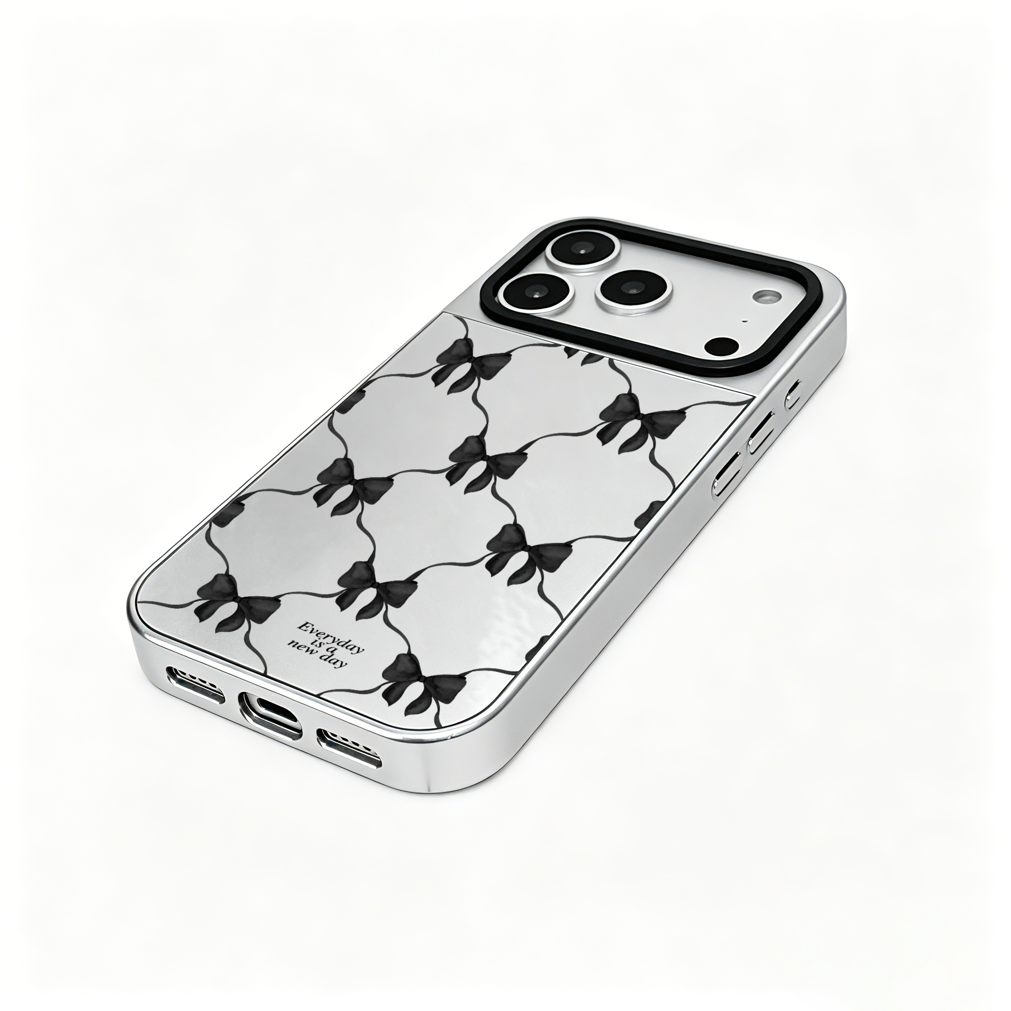 【Darling Dusk Ribbon Bows #BLACK】銀框鏡面面MagSafe iPhone Case＋MagSafe卡套