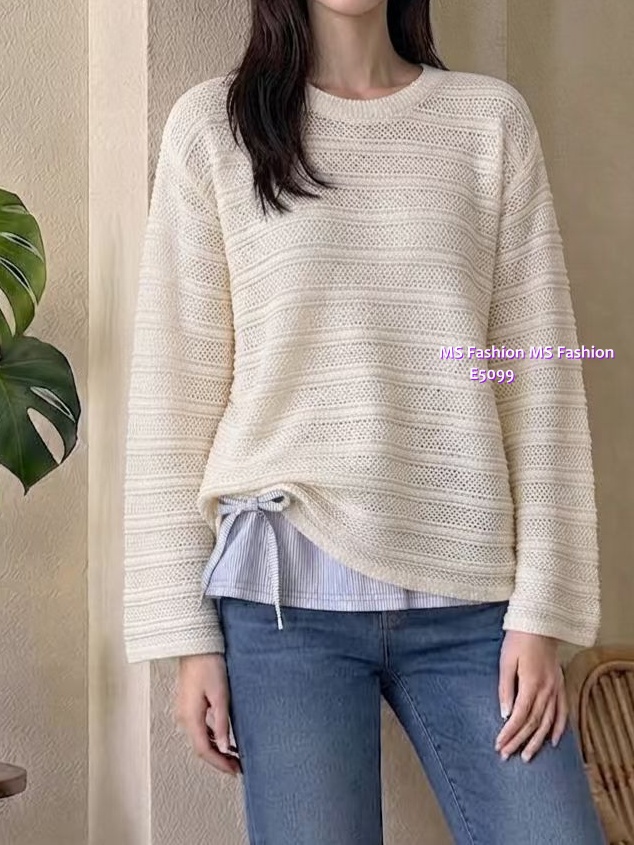 E5099 拼條子假兩件top 