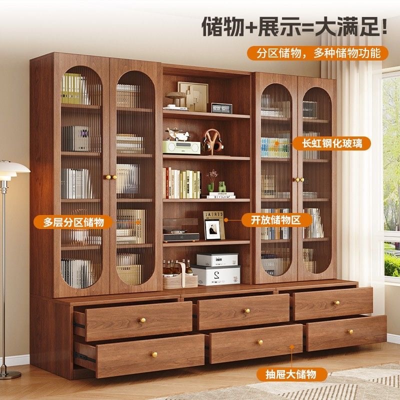 實木卡座書櫃書架一體 滿牆展示櫃 家用客廳落地靠牆櫃子 收納儲物櫃bookcase 
