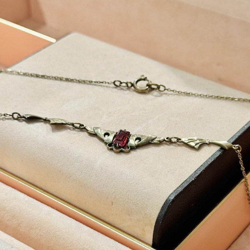 Rare! Antique 1920-40s Czechoslovakian Art Deco Red Rhinestone Golden Necklace (C010)