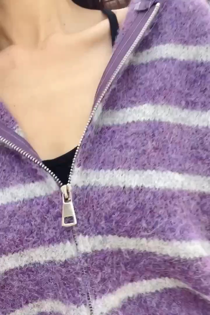 K5542 紫色橫間雙拉鍊有帽針織外套