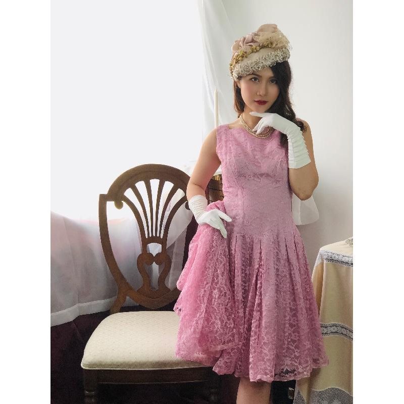 RARE! 1950s Soft Pink Lace Twin Set from Canada- Fit & Flare Dress with Outer(MT891)