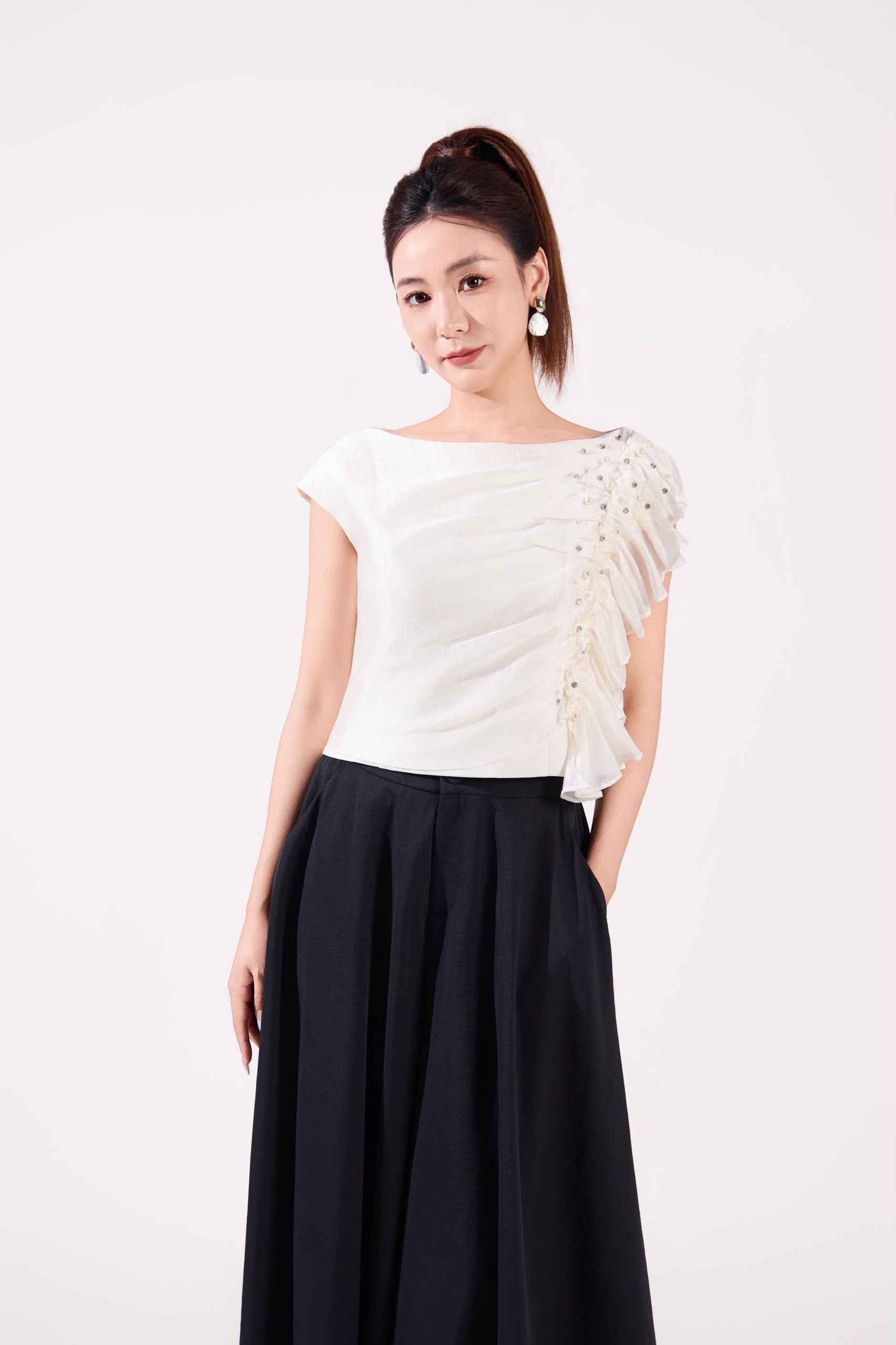 10141364 Pearl Ruffle Draped Blouse