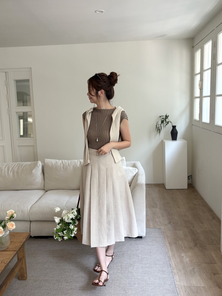 Linen Blend Pleated Skirt (Oat)