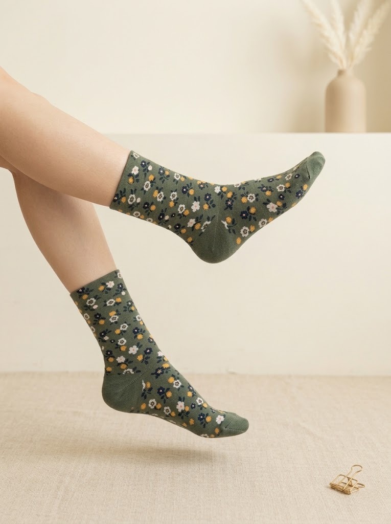 Korean Olive Bloom Women's High Crew Socks