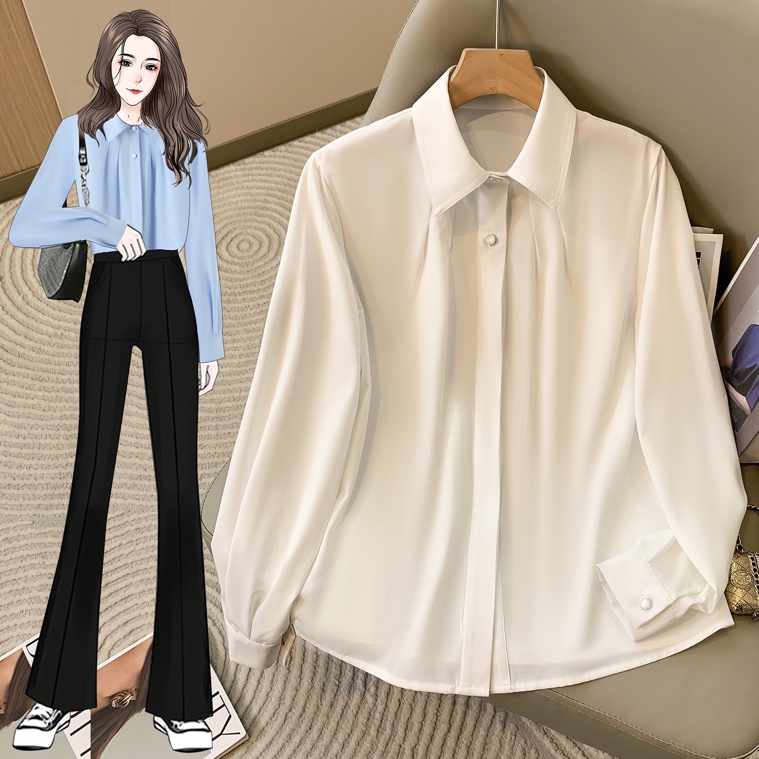 B149(66607) 韩版通勤风翻领边显瘦捏痕抗皱长袖3色衬衫上衣