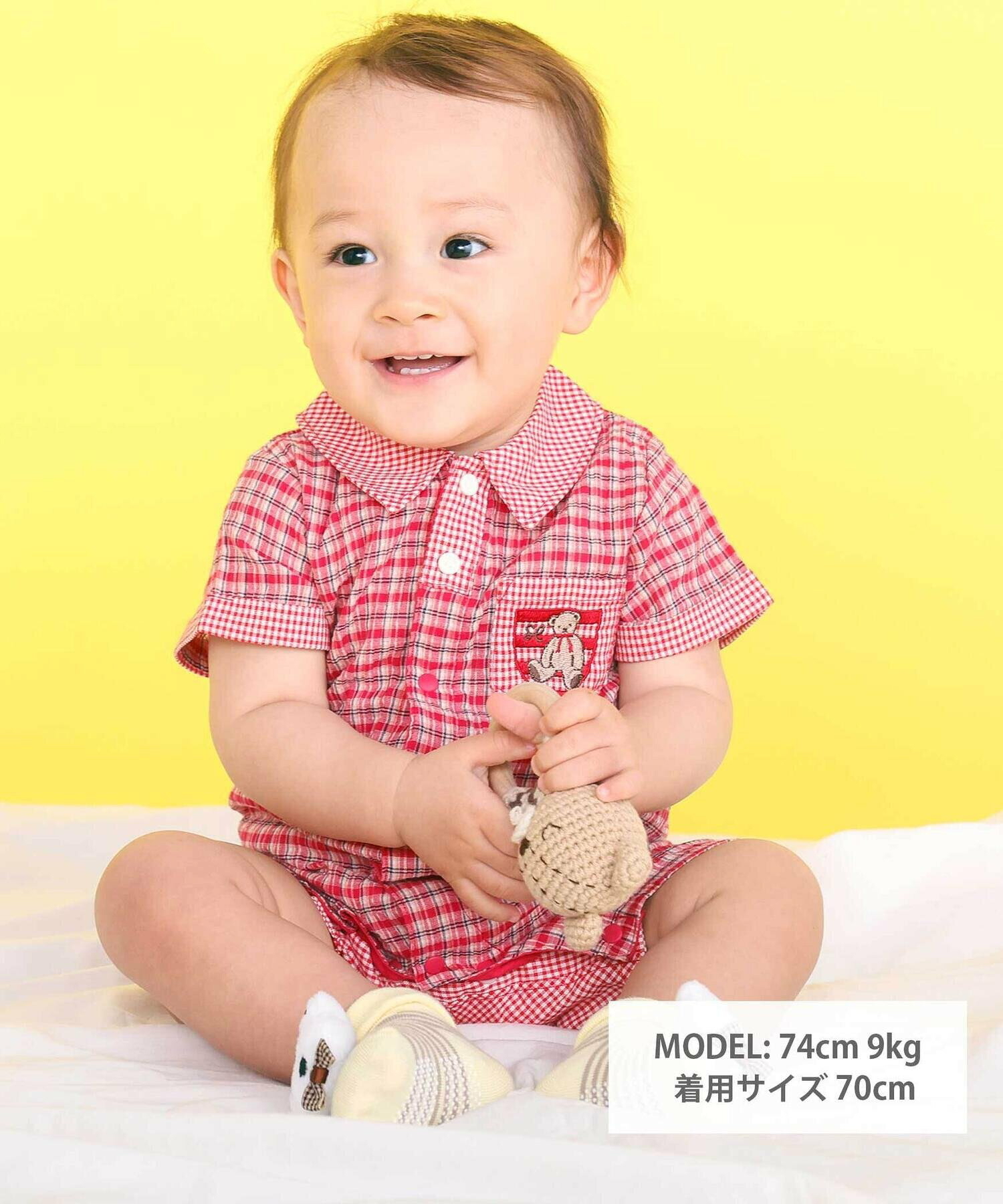 🇯🇵預訂 日本直送🇯🇵Slap Slip Baby兩色小熊刺繡口袋格紋翻領短袖連身服