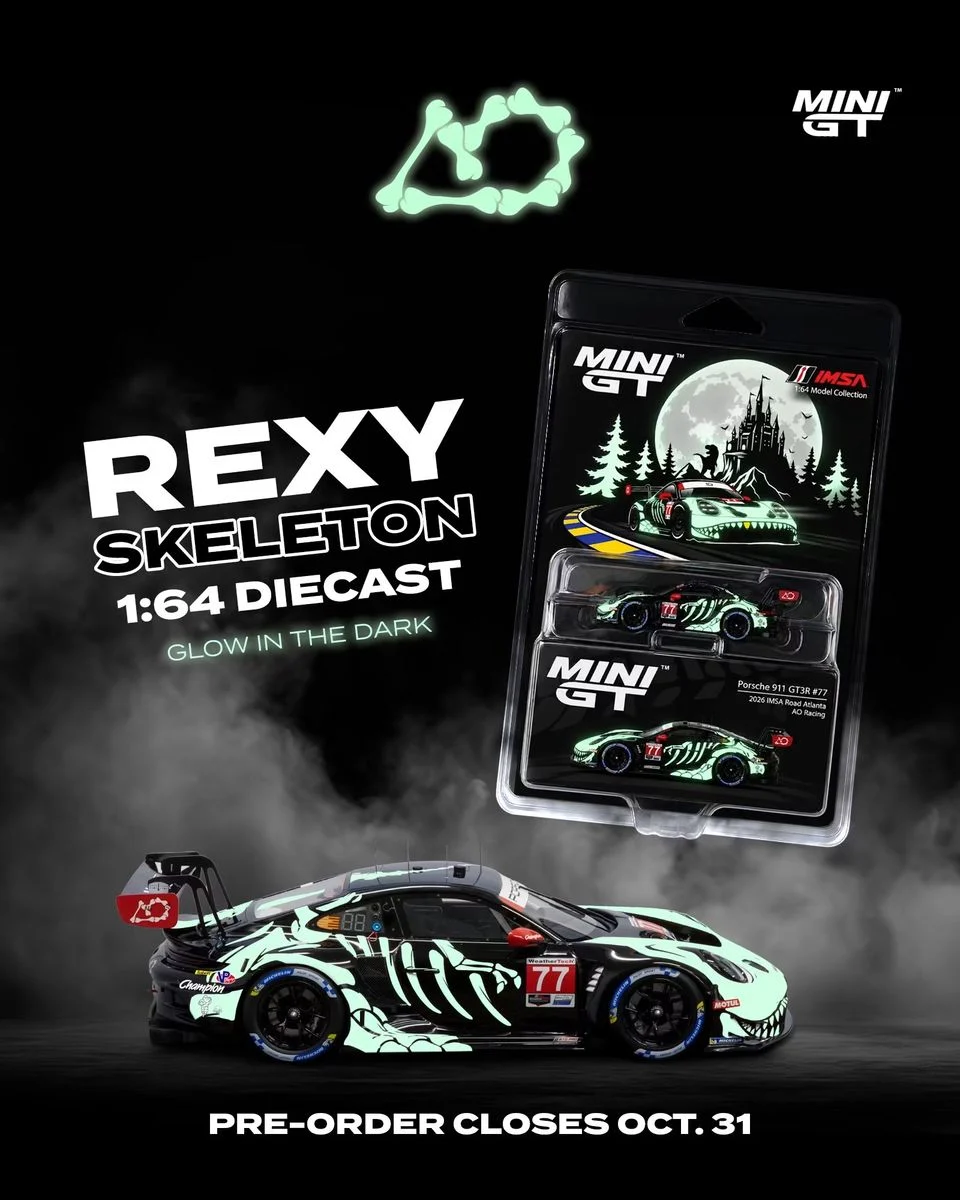 預訂 MINI GT 1/64 Rexy Skeleton 2026 Petit Le Mans 官方夜光特別版｜預訂優惠價: HK$398