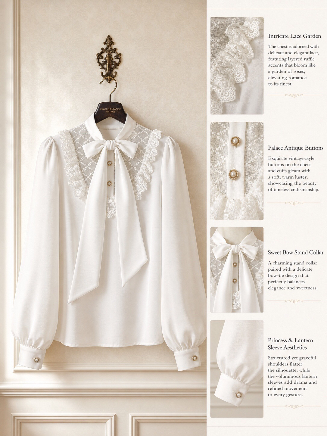 凡爾賽玫瑰的加冕珍珠蕾絲蝴蝶結宮廷襯衫 The Coronation of Versailles Rose: Pearl & Lace Bow Palace Blouse