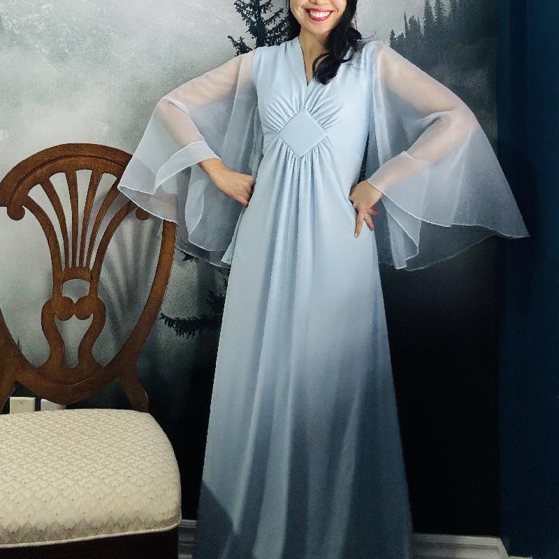 Rare! 1970s Powder Blue Chiffon "Angel Sleeves" Maxi Dress (MT2525）